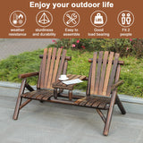 HOMEDIARY 2-Seat Wooden Adirondack Chair, Outdoor Log Patio Loveseat with Built-in Table, Patio Bench Fire Pit Chair Porch Furniture Conversation Set for Deck Lawn Pool Backyard, Carbonized HOMEDIARY