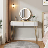 KDCAS Modern Vanity Desk with Mirror and Lights, 39" White and Gold Makeup Vanity Table with 2 Storage Drawers, Stylish Gold Dressing Table for Small Spaces & Bedroom KDCAS