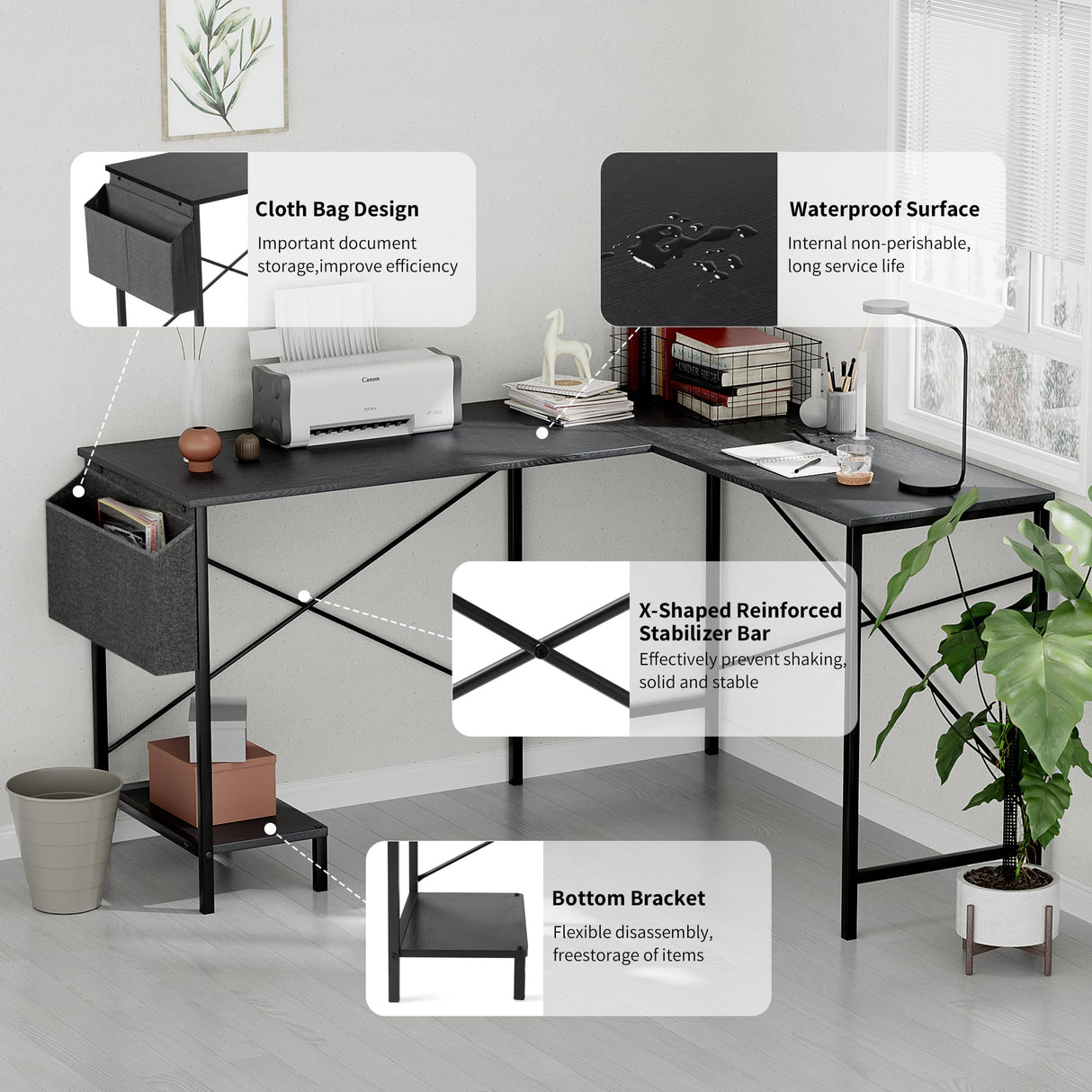 L Shaped Desk Gaming Computer 50 Inch Reversible Corner Table, PC Work Table for Writing Study Student with Wood Tabletop Metal Frame CPU Stand Side Bag for Home Office Small Place Simple Deluxe