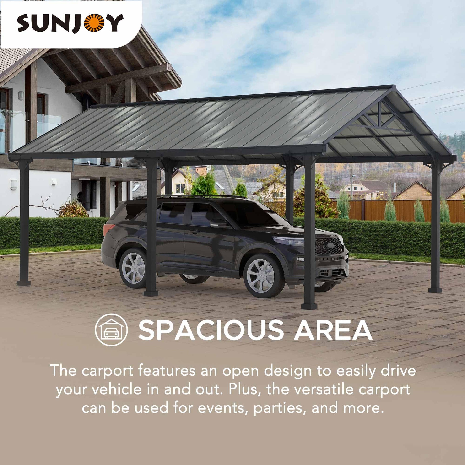 Sunjoy Carport 12 ft. x 20 ft. Outdoor Gazebo Heavy Duty Garage Car Shelter with Powder-Coated Steel Roof and Frame by AutoCove, Gray and Dark Gray - WoodArtSupply