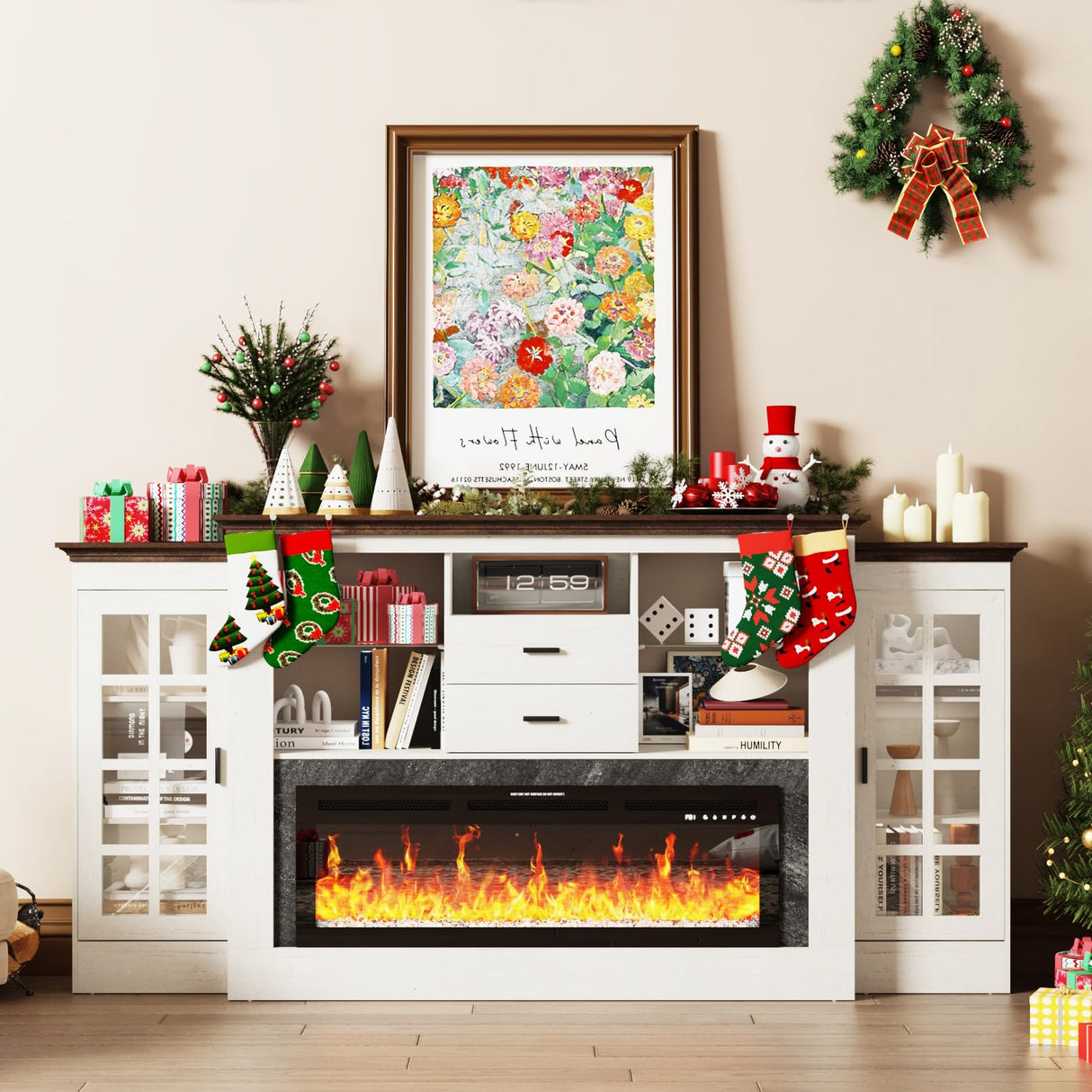 85" Electric Fireplace with Mantel, Fireplace TV Stand w/ 42" Electric Fireplace for 65 Inch TVs with Power Outlets, Farmhouse Entertainment Center with Storage for Living Room, Bedroom, Antique White Hlivelood