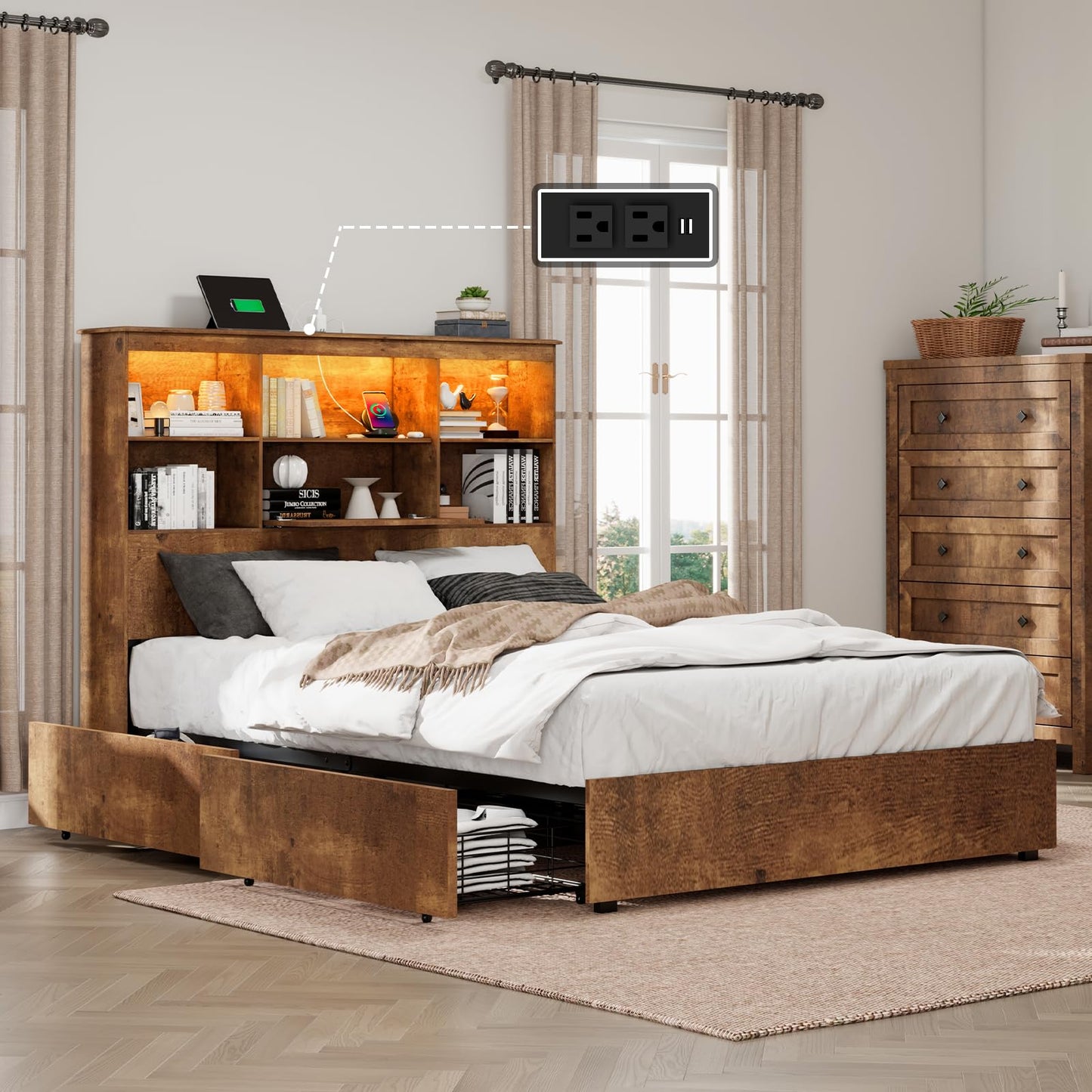 LUXOAK Rustic Brown Full Size Bed Frame with LED Bookcase Headboard, Charging Station & 4 Drawers – No Box Spring Needed - WoodArtSupply