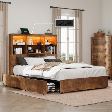 LUXOAK Rustic Brown Full Size Bed Frame with LED Bookcase Headboard, Charging Station & 4 Drawers – No Box Spring Needed LUXOAK