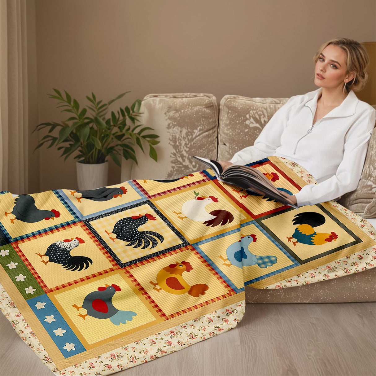 Rustic Country Chicken Throw Blanket – Farmhouse Rooster Hen Patchwork Design Quilt Blanket for Couch, Bed, Sofa – Soft Lightweight Fleece Throw for Farmers, Chicken Lovers (51.1 * 59inch) YunTu