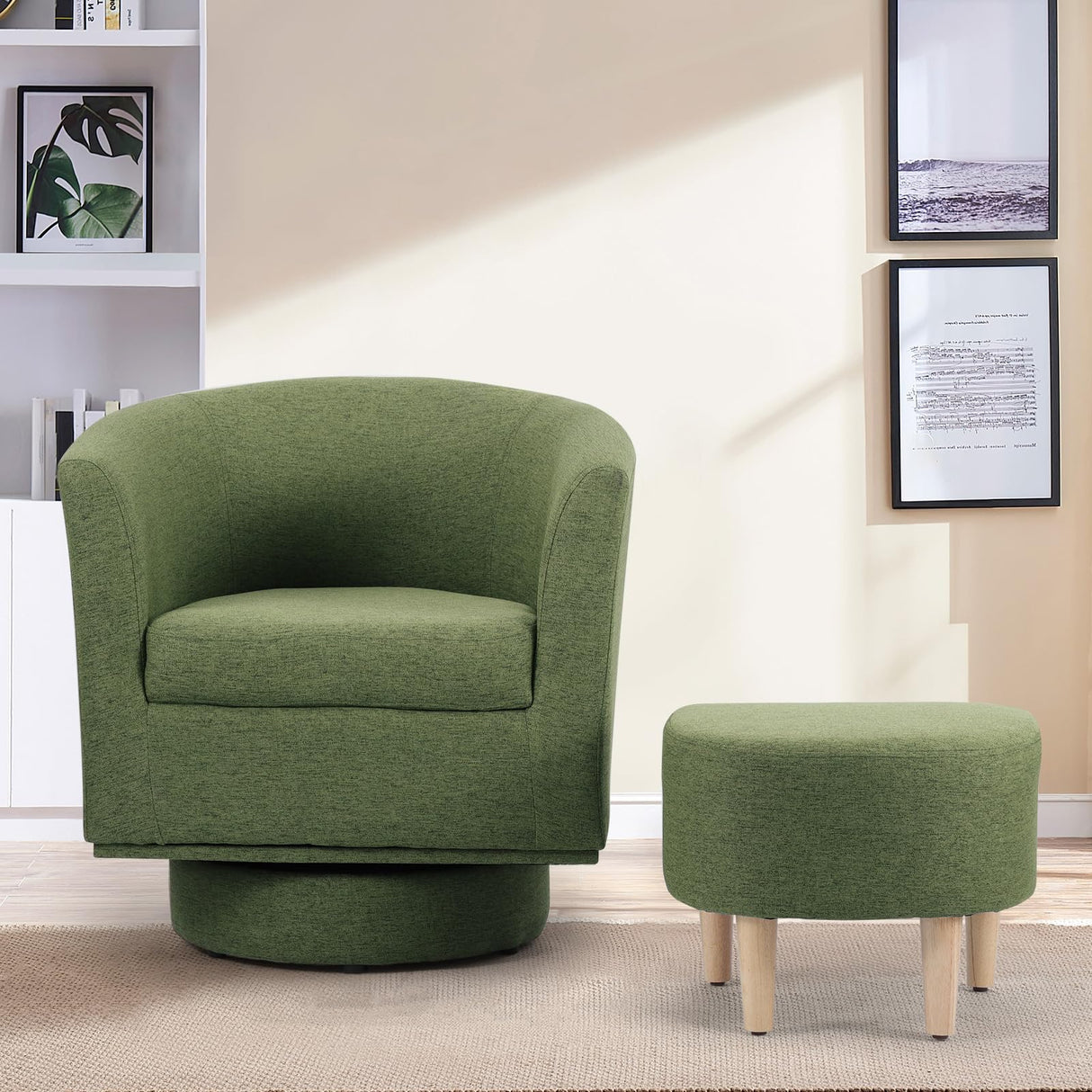 DAZONE Green Swivel Accent Chair with Ottoman, Comfy Barrel Armchair for Small Spaces, 360° Modern Fabric Lounge Chair for Living Room, Bedroom, Reading Nook, Home Office DAZONE