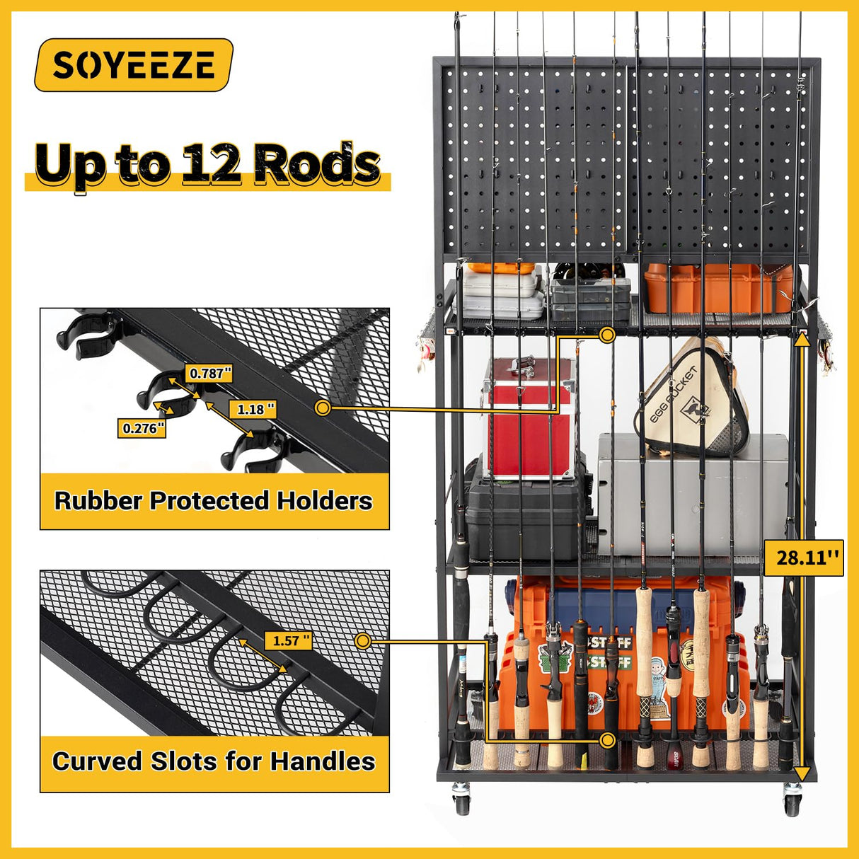 SOYEEZE Large Size Fishing Rod Holders for Garage, 3-Tier Fishing Pole Rack with Pegboard and Hooks, Fishing Gear Tackle Box Organizer Up to 12 Rods, Rolling Fishing Storage Cart with Lockable Wheels SOYEEZE