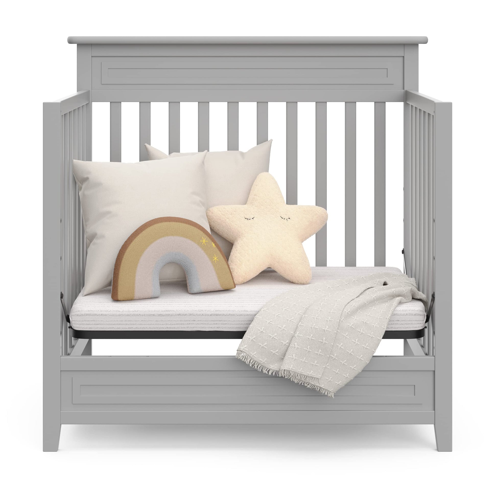 STORKCRAFT Petal 4-in-1 Convertible Mini Crib (Pebble Gray) – GREENGUARD Gold Certified, Converts to Daybed and Twin-Size Bed, Includes Bonus 2.75-inch Mini Crib Mattress - WoodArtSupply