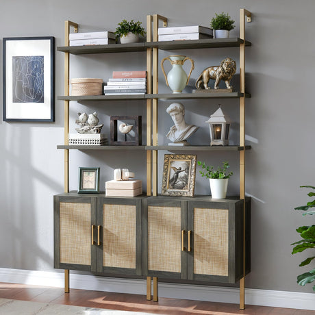 5 Tier Book Shelf Set of 2, 73" Tall Bookshelf with Storage, Modern Bookcase with Shelves, Wall Mount Ladder Shelf with Steel Frame, Bookshelves with Rattan Cabinet for Living Room (Midnight Oak) OAKHAM HOME