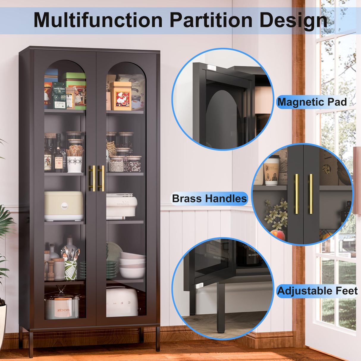 CBNTKI Metal Storage Cabinet,Glass Curio Display Cabinet with 4 Adjustable Shelves,71'' Tall Bookshelf with Glass Doors,Black Cabinet for Home Office, Living Room, Kitchen,Pantry CBNTKI