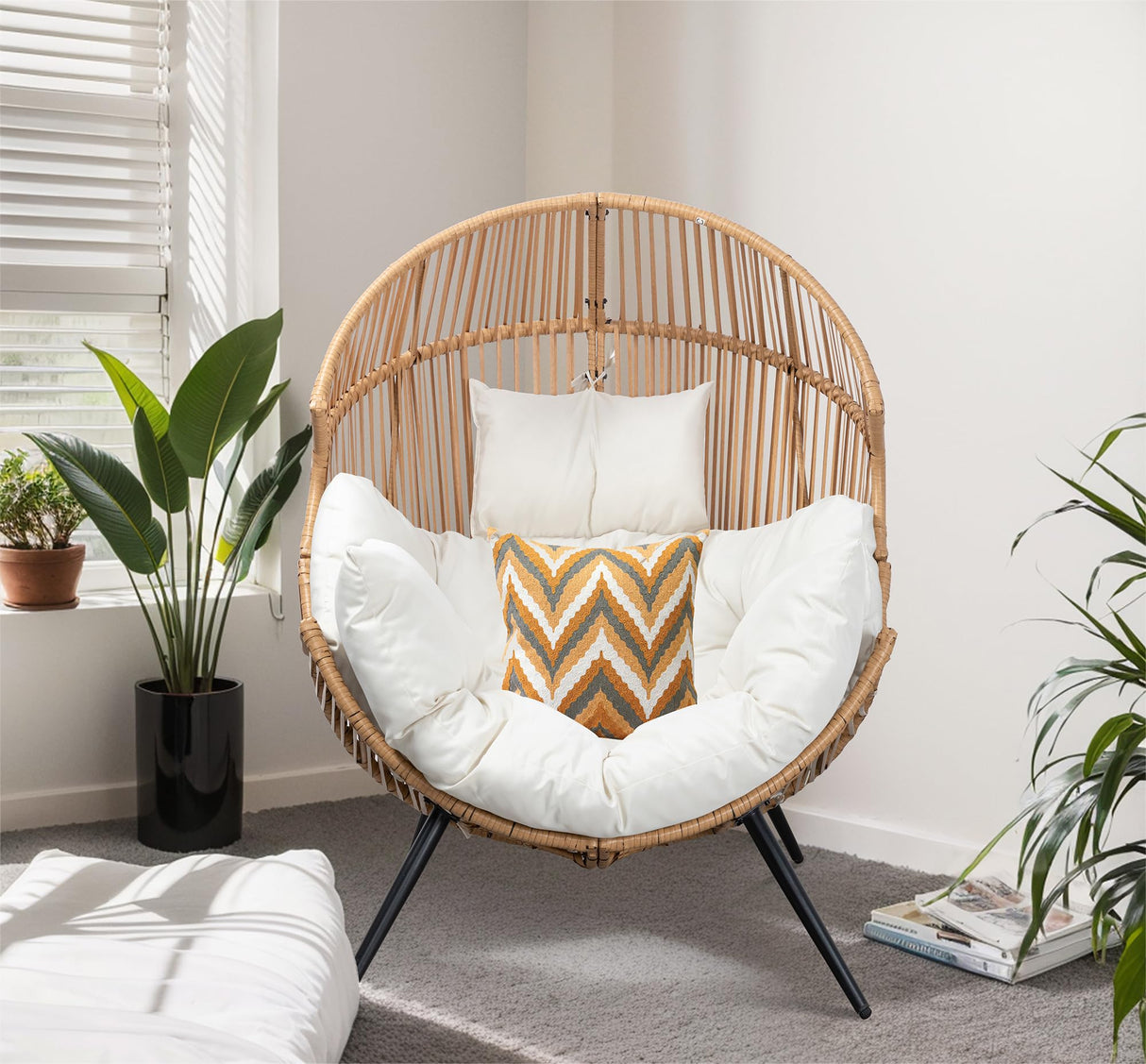 JAMFLY Egg Chair Outdoor Wicker Patio Chair, Oversized Lounger Chair with Cushion Egg Basket Chair for Indoor Living Room Bedroom Outside Patio Backyard Balcony JAMFLY