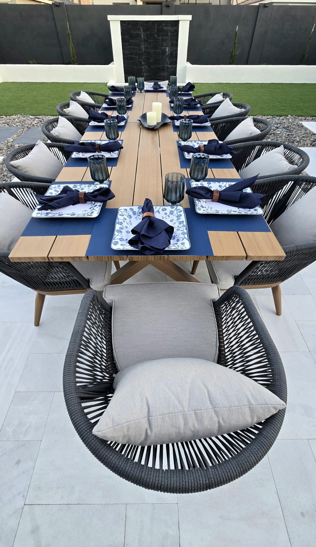 PURPLE LEAF 14 Pieces Patio Dining Set Wicker Outdoor Furniture Rectangular Table and Chairs Set for Garden Deck Teak-Finish & Grey Aluminum Frame Backyard Kitchen Set, Cushions and Pillows Included PURPLE LEAF