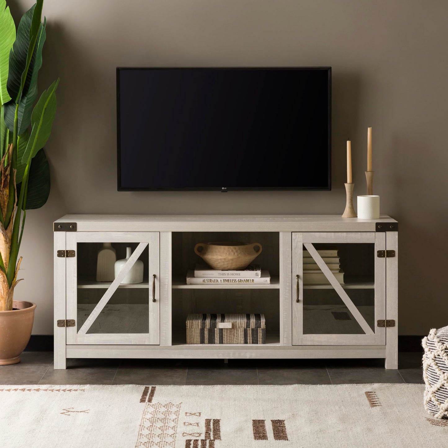 Walker Edison Wesley Modern Farmhouse Glass Door TV Stand for TVs up to 65 Inches, 58 Inch, Stone Grey, Without Fireplace