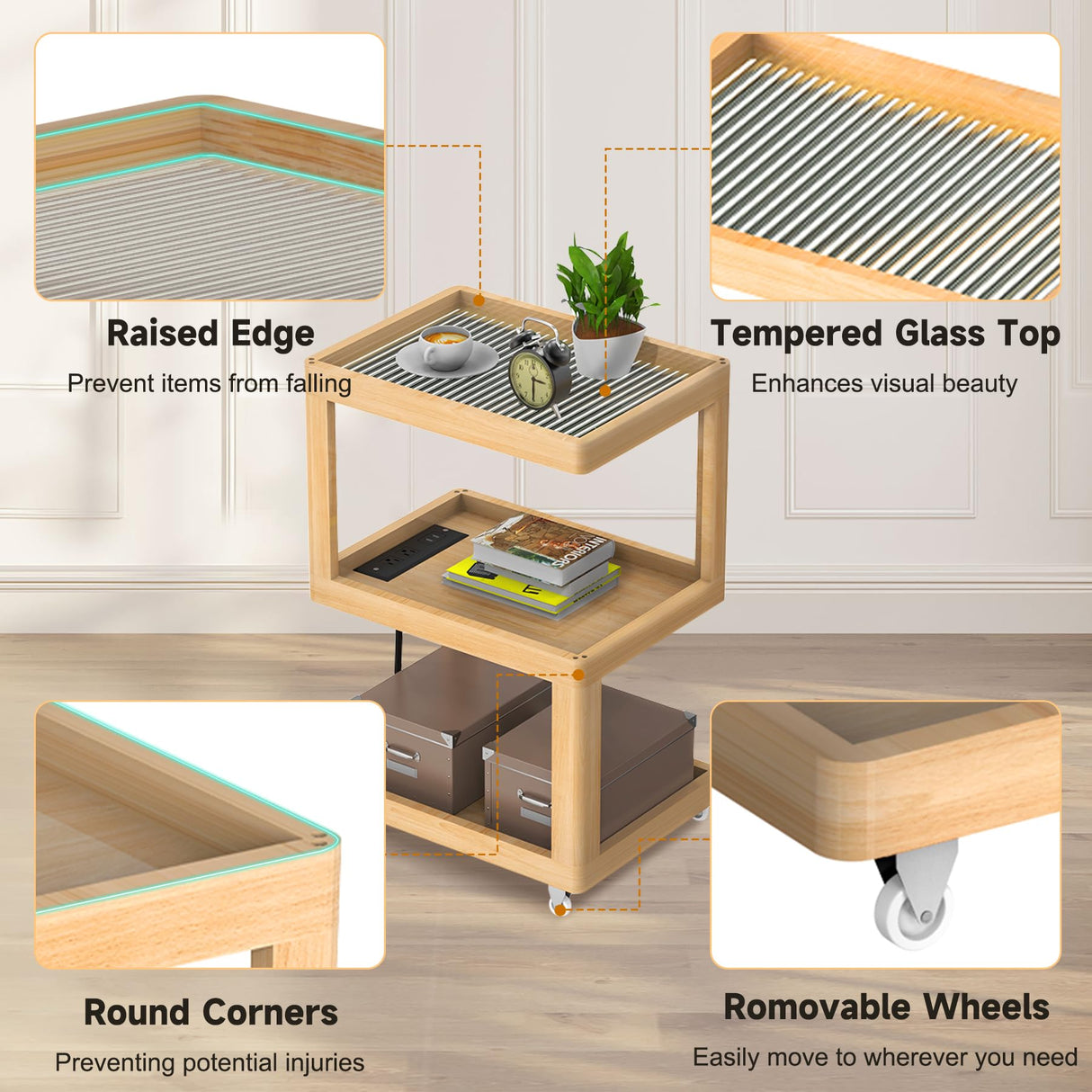 Bamboo Bed Side Table with Charging Station, Modern Boho Bedroom Nightstand with Tempered Glass Top, S Shape 3 Tier End Table Sofa Side Table with Wheels for Living Room, Bedroom, Easy Assembly DOKYW