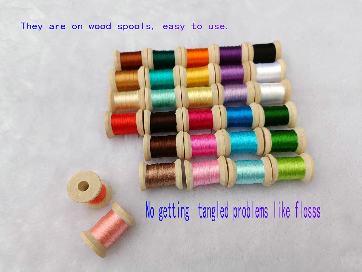 Jinmaya Silk Thread Spools Chinese Natural Pure 100% Mulberry Silk for Handmade DIY Embroidery 30 Colors on Wood Spools, Red, Navy, Blue, Yellow, Green, White Jinmaya