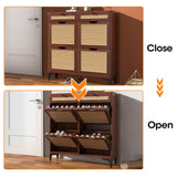 Algglobuy Rattan Shoe Storage Cabinet with 4 Flip Drawers for Entryway, Slim Narrow Shoe Organizer Cabinet with 2 Top Drawers, Dark Brown Algglobuy