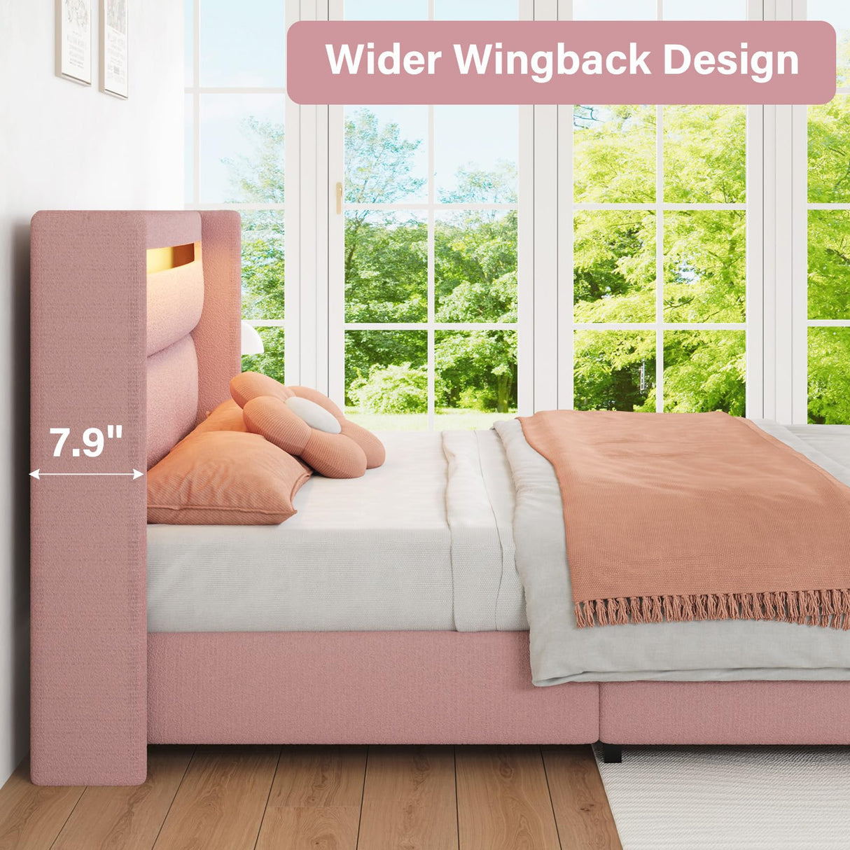 HOMBCK King Size Bed Frame with Headboard and LED Lights, Boucle Upholstered Platform Bed with Wingback Design, Modern Soft Bed Frame, No Box Spring Needed, Easy Assembly, Pink HOMBCK