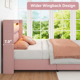 HOMBCK King Size Bed Frame with Headboard and LED Lights, Boucle Upholstered Platform Bed with Wingback Design, Modern Soft Bed Frame, No Box Spring Needed, Easy Assembly, Pink HOMBCK