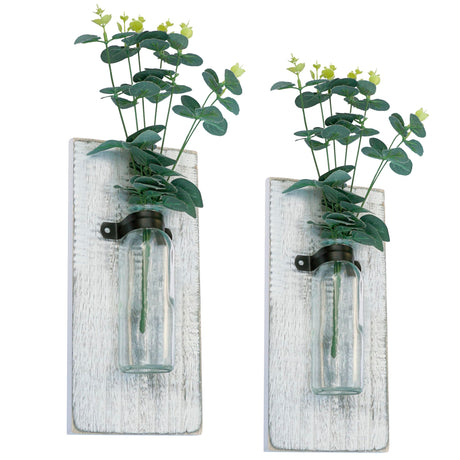Zelura 2 Pack Wood Glass Wall Vases and Plants Artificial, Indoor Wood Hanging Vase, Modern Farmhouse Wall Decor for Bathroom Office and Living Room, Farmhouse Sconces Wall Decor (White) ZELURA