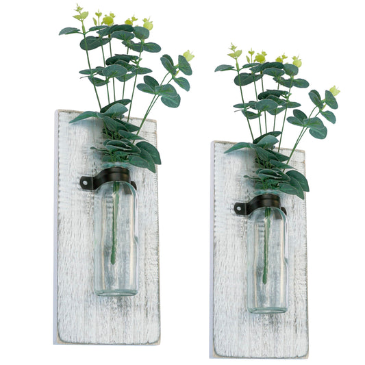 Zelura 2 Pack Wood Glass Wall Vases and Plants Artificial, Indoor Wood Hanging Vase, Modern Farmhouse Wall Decor for Bathroom Office and Living Room, Farmhouse Sconces Wall Decor (White) - WoodArtSupply