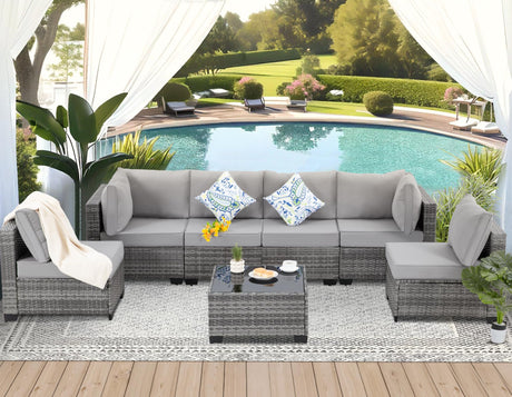 FHFO 7 Pieces Outdoor Patio Furniture Set, Wicker Sectional Sofa Set Rattan Modular Patio Conversation Sets with Cushions Couch Set & Coffee Table for Outside, Garden, Balcony, Porch, Grey FHFO
