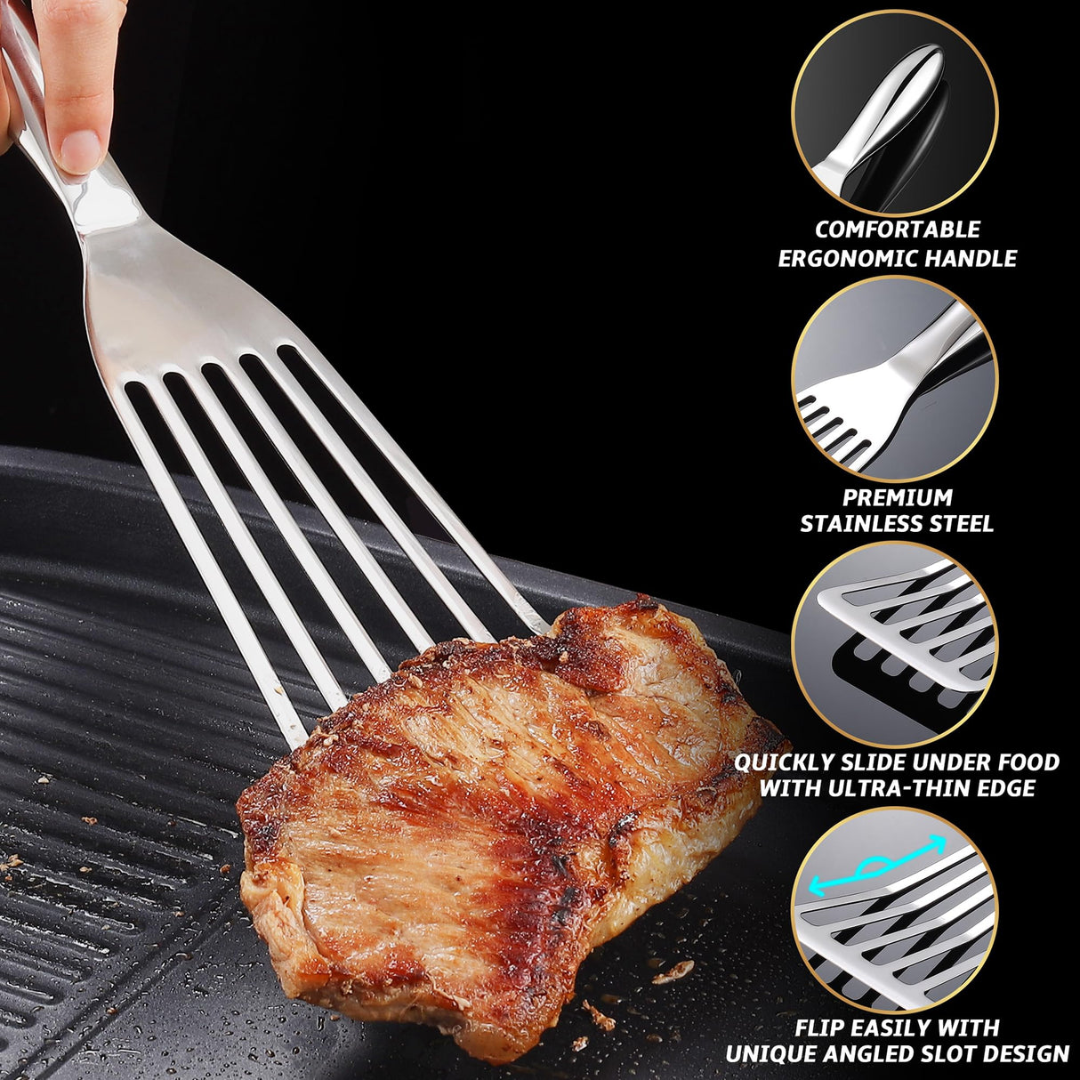 Fish Spatula Stainless Steel Combo, 1 Large Fish Turner Spatula + 1 Small Griddle Spatula, Metal Spatula for Kitchen Use, Slotted Spatulas, Frying Spatula with Thin Edge Ideal for Turning & Flipping Gourmet Easy