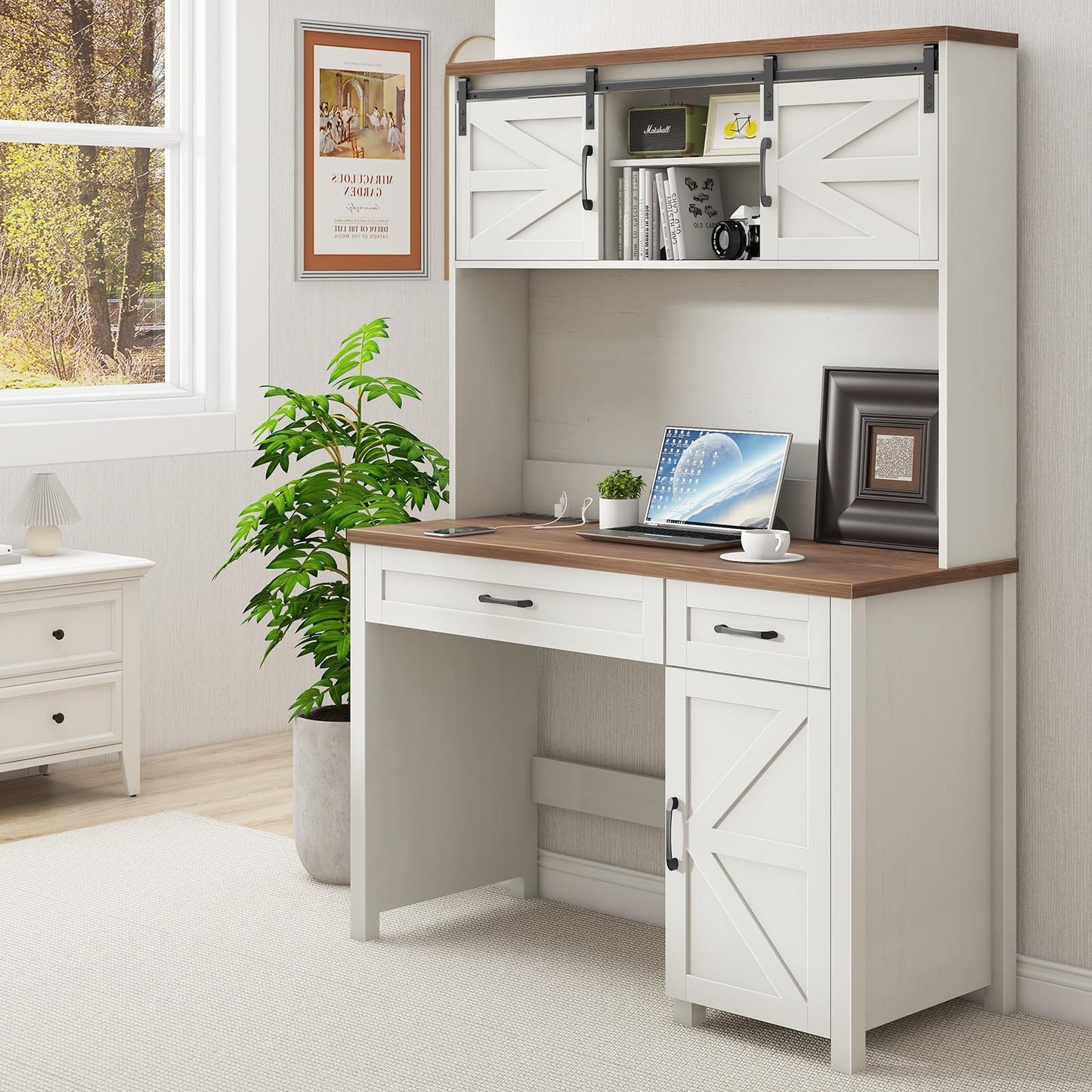 Vabches Farmhouse 47" Desk, Executive I-Shape with 3 Drawers, Storage Cabinet, Hutch, Charging Hub for Home Office - WoodArtSupply