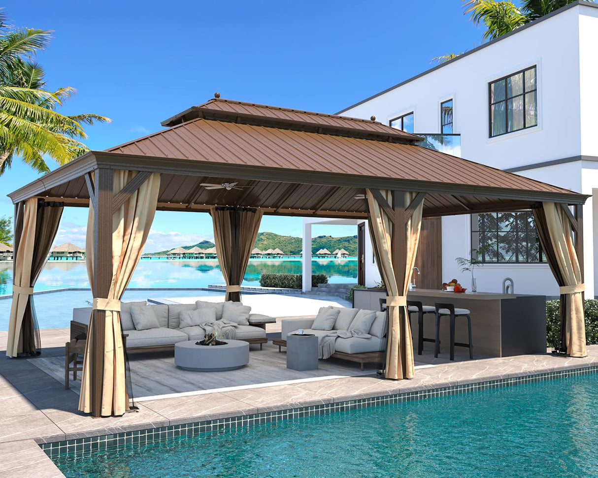 MELLCOM 14' x 22' Hardtop Gazebo,Galvanized Steel Metal Double Roof Aluminum Gazebo with Curtain and Netting,Brown Permanent Pavilion Gazebo with Aluminum Frame for Patios,Gardens,Lawns MELLCOM