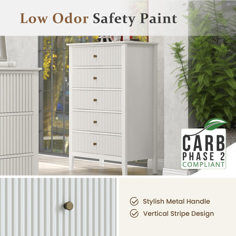 RoyalCraft White Fluted 5 Drawer Dresser for Bedroom, Tall Chest of Drawers with Ball Bearing Slide, Waterproof Lacquered Desktop,Modern Wood Storage Cabinet for Living Room RoyalCraft
