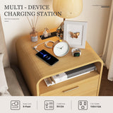 Easyego Mid-Century Modern Nightstand with Charging Station, Bedside Table w/2 Drawers and Open Shelves, Side Table and End Table for Bedroom and Living Room, Curved Design(Wood Naural) Easyego