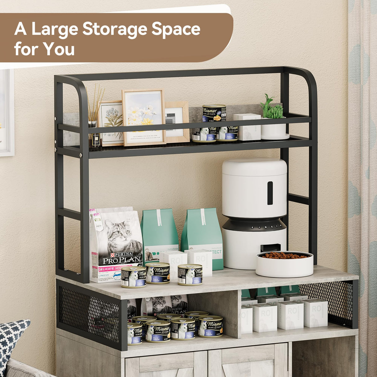 Garvee Cat Litter Box Enclosure,Hidden Litter Box Furniture with Open Shelf & Compartments, Metal Frame Indoor Cat House Furniture Cabinet for Most of Litter Box, Grey Garvee