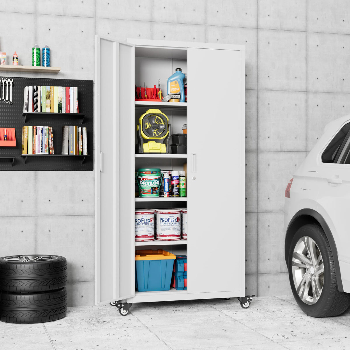 Aobabo 73''H Garage Storage Cabinet with Wheels,Office Storage Cabinet with Lock,Steel Cabinet with 2 Doors and 4 Adjustable Shelves for Garage Office,Required-Assembly White Aobabo