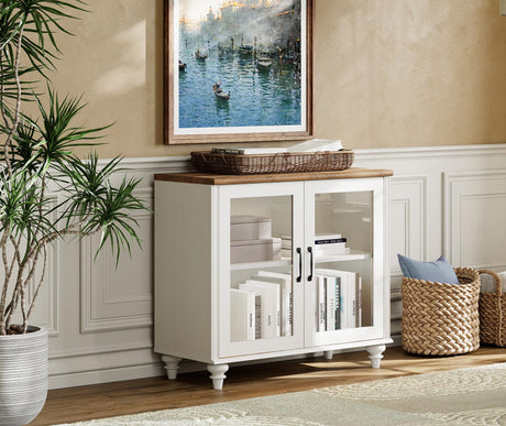 WAMPAT TV Stand for 43 Inch, Wood Console Table Storage Cabinet for Living Room, Kitchen Sideboard Buffet Cabinet With Glass Door for Dining Room, Off White WAMPAT