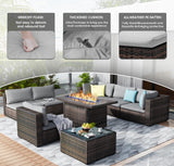 GREZJXC 7 Pieces Outdoor Sectional Patio Furniture Set with Fire Pit Table PE Rattan Wicker Patio Sectional Conversation Set with Cushion Grey GREZJXC