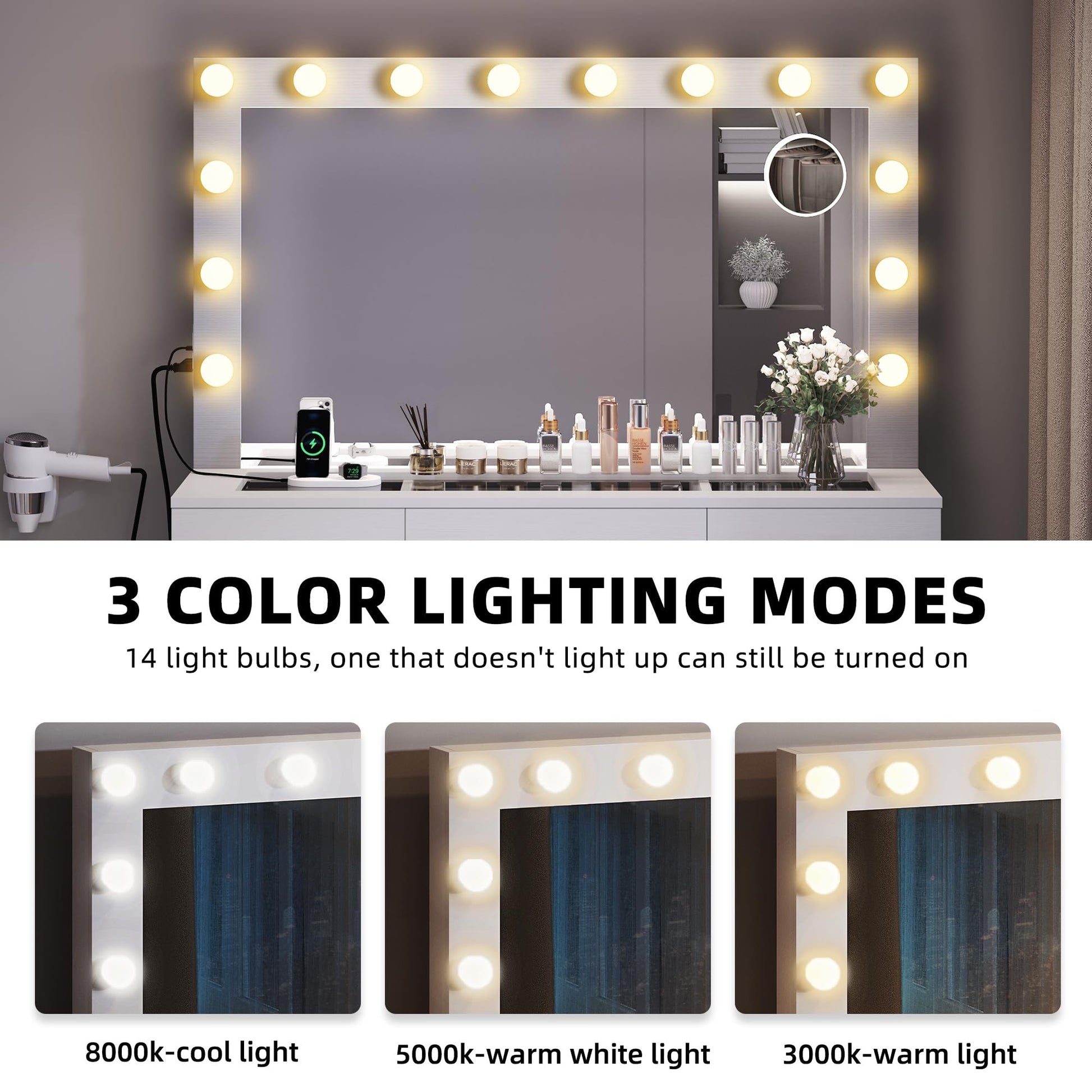 YITAHOME Vanity Desk Set with LED Lighted Mirror & Power Outlet, 14 Hollywood Bulbs Lighted 9 Drawers Makeup Vanities Dressing Table with Magnifying Glass Stool, White - WoodArtSupply