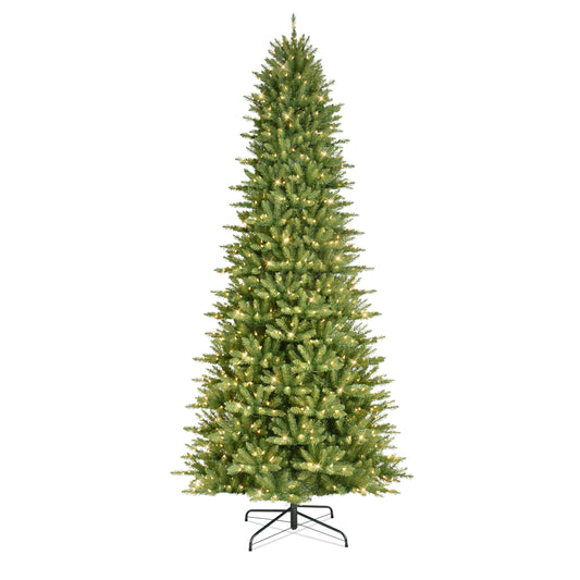 Puleo International 10 Foot Pre-Lit Slim Fraser Fir Artificial Christmas Tree with 900 UL Listed Clear Lights, Green