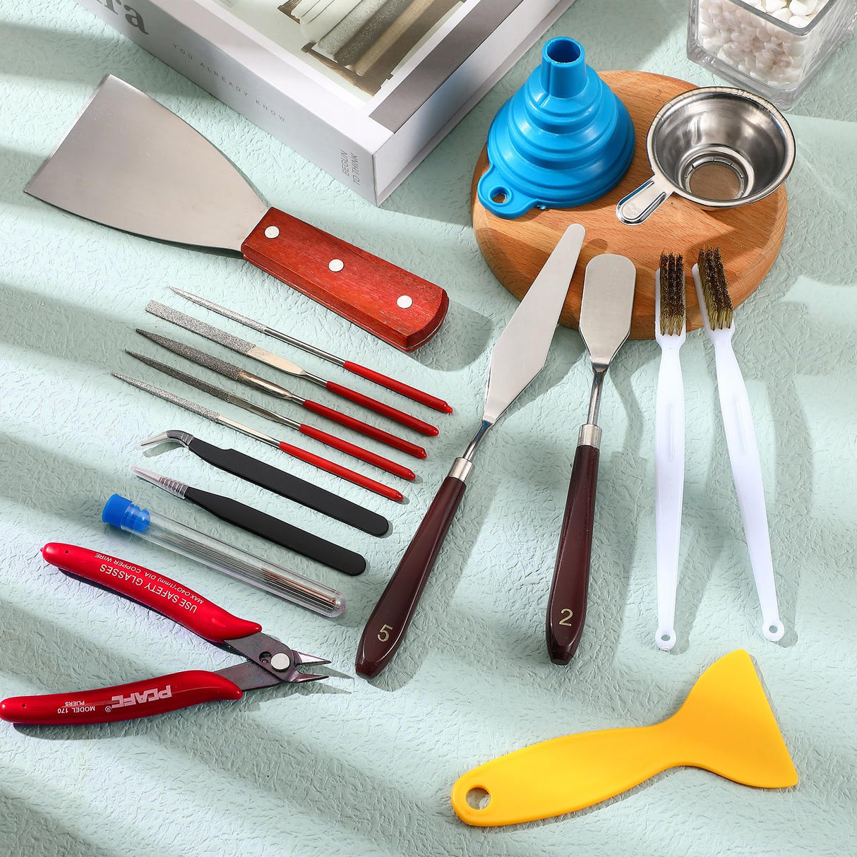 25 Pcs 3D Printer Tools Kit 3D Printing Accessories Include 2 Wire Brush 1 Putty Knife 1 Plastic Shovel 5 Diamond Files 2 Tweezer 10 Needles 1 Plier 1 Funnel 2 Scraper for Cleaning Removing Finishing Minatee