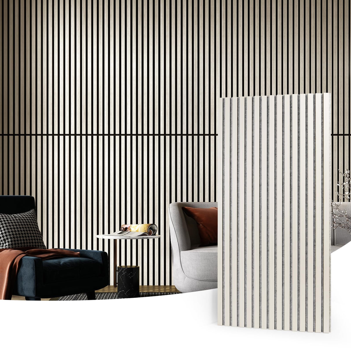 Art3d 2 Wood Slat Acoustic Panels for Wall and Ceiling - 3D Fluted Sound Absorbing Panel with Wood Finish - White Elm Art3d