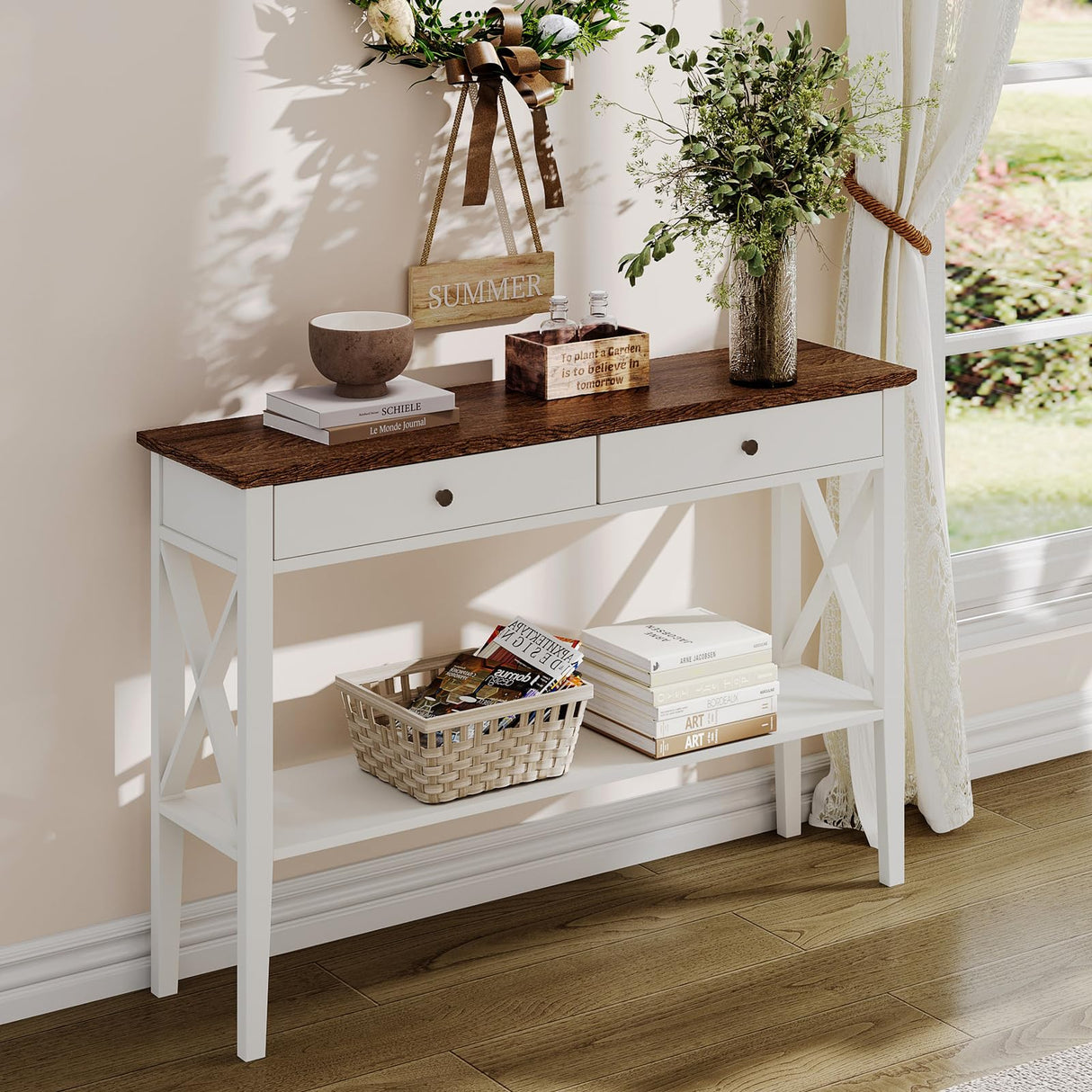 ChooChoo Farmhouse Console Table with Drawers, Narrow Wood Accent Sofa Table Entryway Table with Storage Shelf for Entryway, Front Hall, Hallway, Living Room, Antique White & Brown ChooChoo
