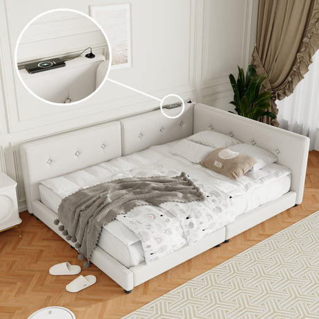 P PURLOVE Queen Size Corner Bed with USB Ports,L Shaped Corner Daybed Frame for Living Room, Guest Room,Beige P PURLOVE