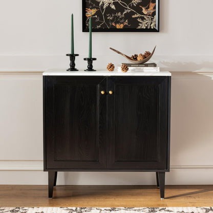 EYYTHUNG Black Storage Cabinet Set of 2, Modern Accent Cabinet with Faux Marble Top & Adjustable Shelves, Wooden Credenza, Console Table Entryway Cabinet