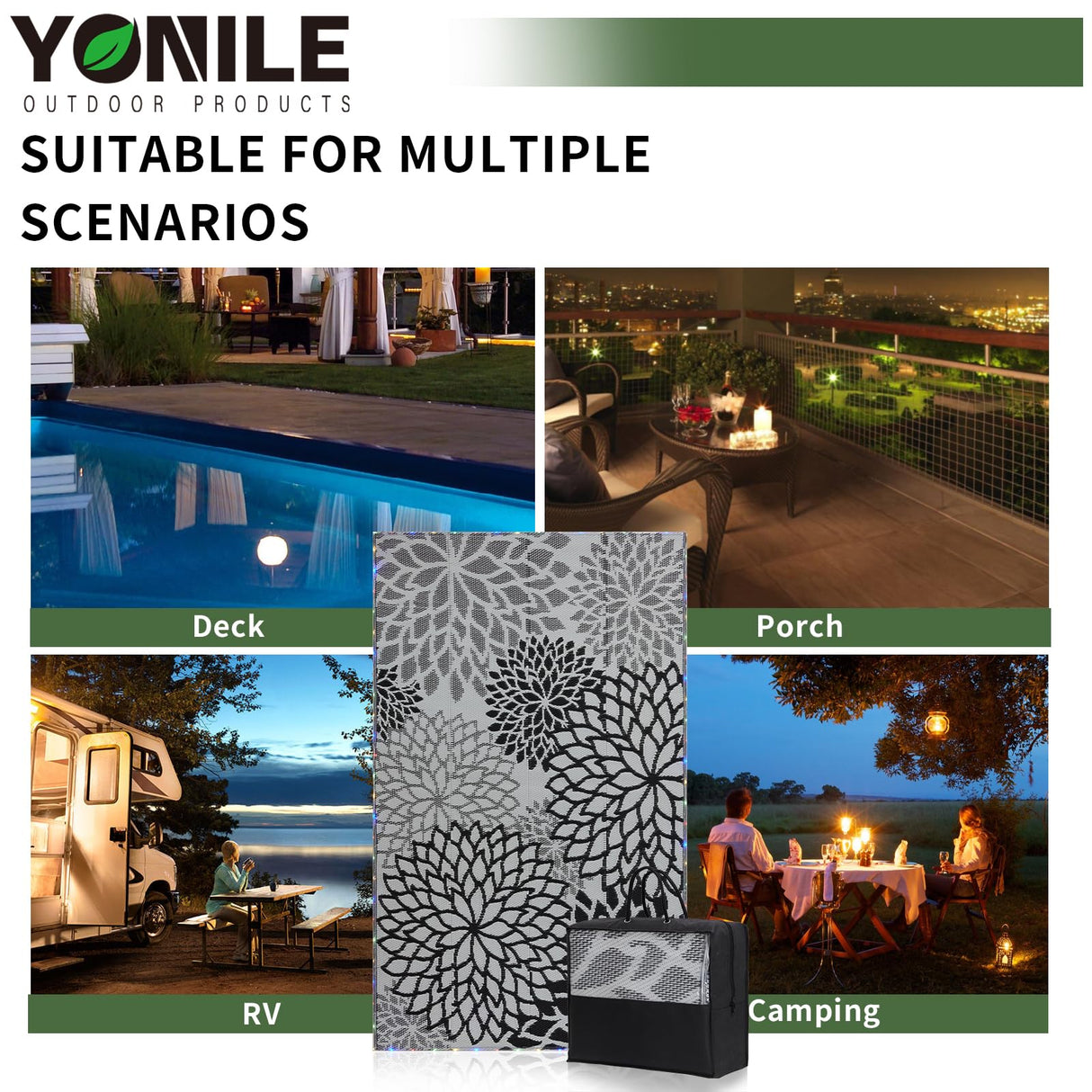 YONILE Outdoor Rug 9x12 ft with LED Light, Waterproof Reversible Outdoor Plastic Straw Rug for Patios Clearance, Large Outdoor Area Rug Carpet RV Mat for Camping Backyard Deck Porch Beach YONILE