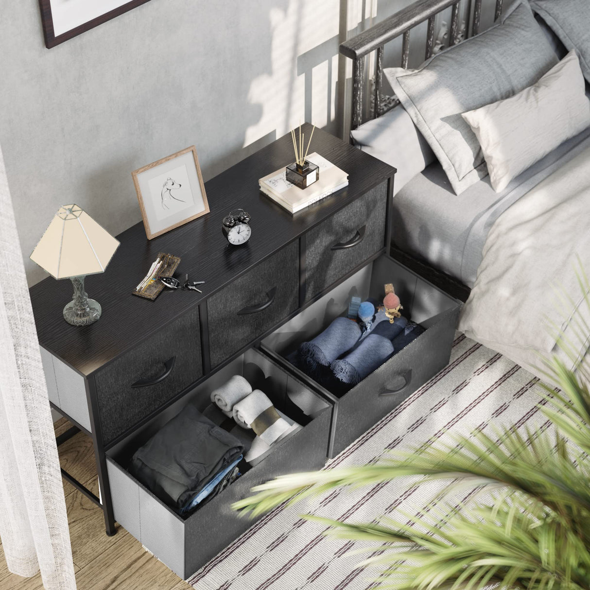 YITAHOME Wide Storage Tower with 5 Drawers - Fabric Dresser, Organizer Unit for Bedroom, Living Room, Closets - Sturdy Steel Frame, Easy Pull Fabric Bins & Wooden Top (Black/Grey) YITAHOME