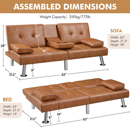 Yaheetech Convertible Sofa Bed Adjustable Couch Sleeper Modern Faux Leather Home Recliner Reversible Loveseat Folding Daybed Guest Bed, Removable Armrests, Cup Holders, 3 Angles, 772lb Capacity, Brown