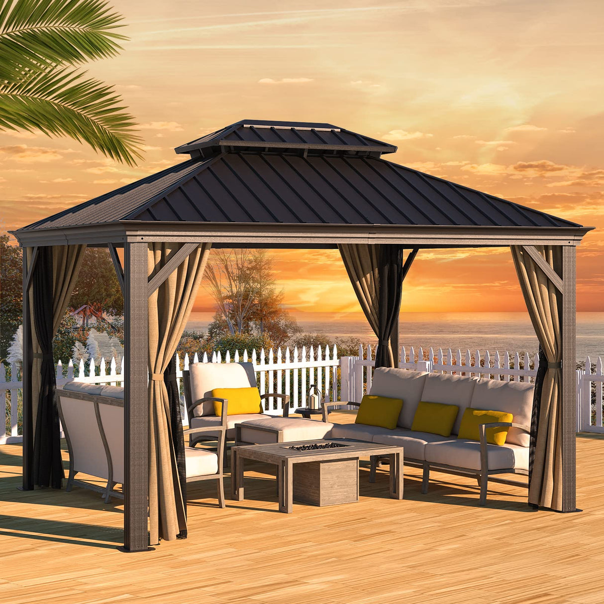 Gazebo 10' x 12' with Mosquito Net and Privacy Sidewalls, Patio Aluminum Permanent Gazebo, All Weatherproof Outdoor Hardtop Metal Gazebos MOWOX POWER