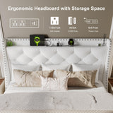 Feonase Velvet Queen Bed Frame with Luxury Wingback and Fast Charging Station, Upholstered Button Tufted Storage Headboard Platform Bed, Sturdy Wooden Slats Support, Easy Assembly, Noise-Free, White Feonase