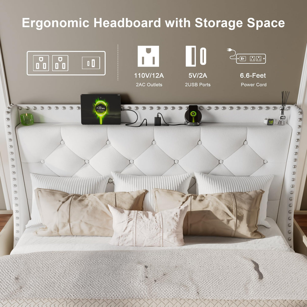 Feonase Full Size Bed Frame with Velvet Luxury Wingback Upholstered Button Tufted Storage Headboard, Full Platform Bed with Charging Station, Sturdy Wooden Slats Support, Easy Assembly, White Feonase