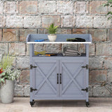 Outsunny Outdoor Wooden Potting Bench Table, Garden Workstation with Storage Cabinet, Aluminum Table Top, Rubber Wheels for Backyard, Patio, Balcony, Gray Outsunny