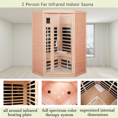 KUNSANA Infrared Sauna 2-3 Person Far Infrared Saunas for Home Low EMF Indoor Sauna Home Spa Hemlock Wooden Corner Sauna Room with Bluetooth Speakers, LED Reading Lamps, Chromotherapy Lights