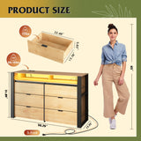 WLIVE 6 Drawer Dresser with Led Light, 50.79'' Wood Dresser for Bedroom with Power Outlets for 55'' TV, Modern Chest of Drawers for Closet, Hanging Rack, Double Wide Drawer for Living Room, Light Oak WLIVE