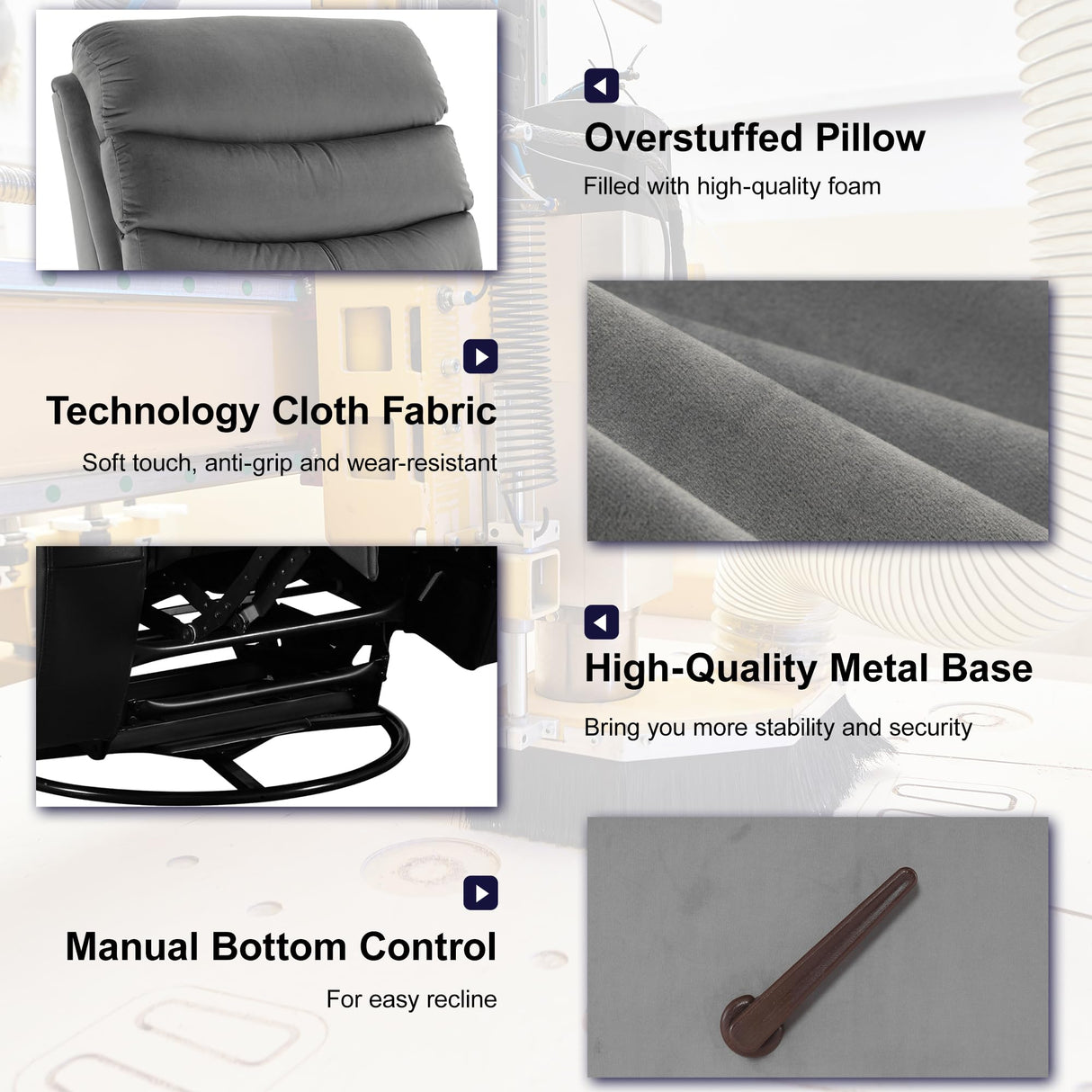 GNMLP2020 Swivel Rocker Recliner Chair for Adults, Rocking Chair Nursery, Manual Small Swivel Recliner Chairs for Small Spaces, Living Room, Nursery, RV, Light Grey GNMLP2020